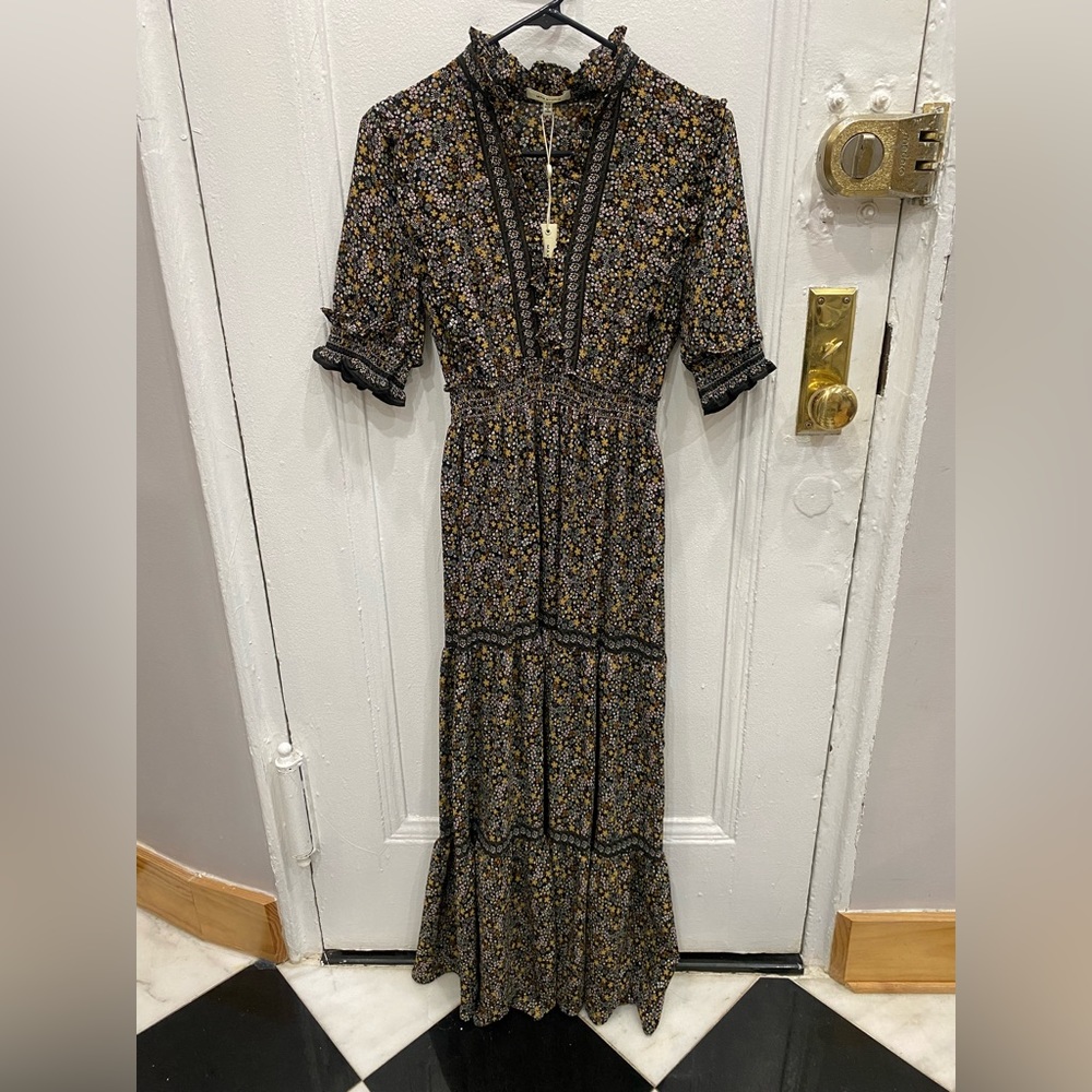 Max Studio Ruffle Collar Print Tiered Maxi Dress Black Gold Floral size XS NWT
